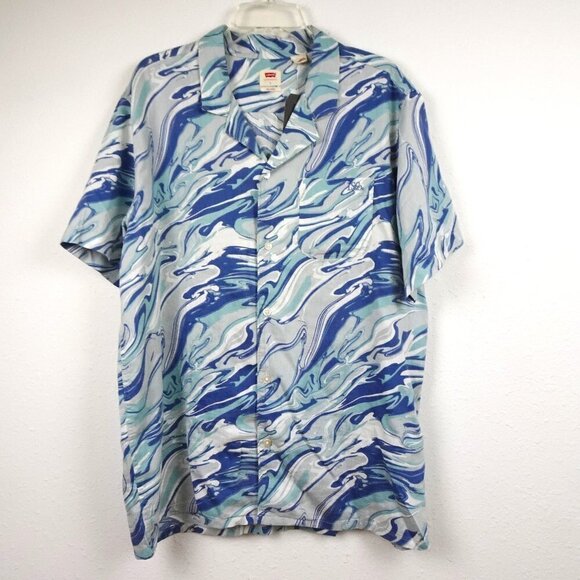 Levi's Cubano Button Front Shirt Men's Size L Blue Marble Print Camp Shirt - Picture 1 of 10